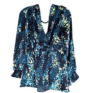 Torrid Silky Green, Blk, Yellow Silky, Tie-back Peplum Top, Size 0=12, EUC